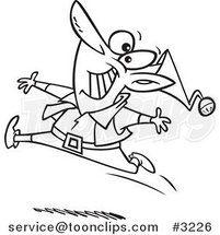Cartoon Black and White Line Drawing of a Chritmas Elf Dancing by Toonaday