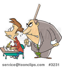 Cartoon Intimidating Teacher Watching a Stressed School Boy Taking an Exam by Toonaday