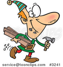 Cartoon Christmas Elf Carrying Lumber and a Hammer by Toonaday