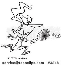 Cartoon Black and White Line Drawing of a Lady Chasing an Elusive Tennis Ball by Toonaday