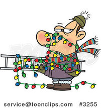 Cartoon Guy Tangled in Christmas Lights, Carrying a Ladder by Toonaday