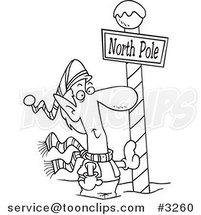 Cartoon Black and White Line Drawing of a Christmas Elf Leaning Against a North Pole Post by Toonaday