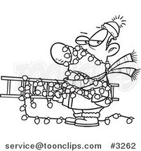 Cartoon Black and White of a Guy Tangled in Christmas Lights, Carrying a Ladder by Toonaday