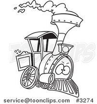 Cartoon Black and White Line Drawing of a Steam Engine Train by Toonaday