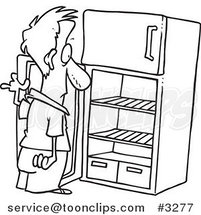 Cartoon Black and White Line Drawing of a Guy Staring in an Empty Fridge by Toonaday