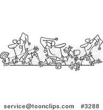 Cartoon Black and White Line Drawing of Three Christmas Elves Making Toys by Toonaday
