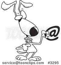 Cartoon Black and White Line Drawing of a Dog Pointing to an Email Symbol by Toonaday
