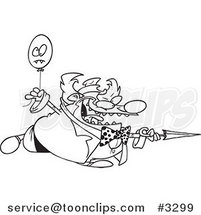 Cartoon Black and White Line Drawing of an Evil Clown with a Balloon and Sharp Umbrella by Toonaday