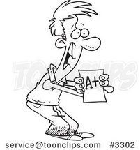 Cartoon Black and White Line Drawing of a Proud School Boy Holding His Graded Exam by Toonaday