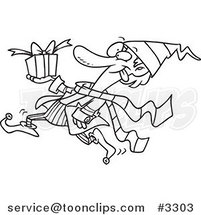 Cartoon Black and White Line Drawing of a Christmas Elf Running with a Gift by Toonaday