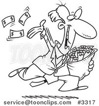 Cartoon Black and White Line Drawing of a Charitable Rich Business Man Throwing Money by Toonaday