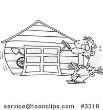 Cartoon Black and White Line Drawing of a Guy with an Overflowing Garage by Toonaday