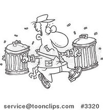 Cartoon Black and White Line Drawing of a Happy Garbage Guy Carrying Trash Cans by Toonaday