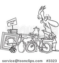 Cartoon Black and White Line Drawing of a Guy Selling His Stuff at a Yard Sale by Toonaday