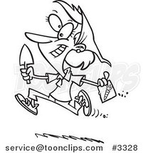 Cartoon Black and White Line Drawing of a Lady Running with Carrot Seeds by Toonaday