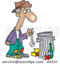 Cartoon Hungry Homeless Guy Holding a Fish Bone by a Trash Can by Toonaday