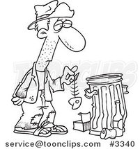 Cartoon Black and White Line Drawing of a Hungry Homeless Guy Holding a Fish Bone by a Trash Can by Toonaday