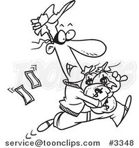 Cartoon Black and White Line Drawing of a Robber Getting Away with Bags of Cash by Toonaday