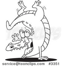 Cartoon Black and White Line Drawing of a Gator Doing a Hand Stand by Toonaday