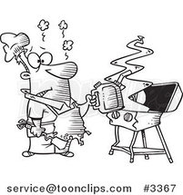 Cartoon Black and White Line Drawing of a Guy Using a Gas Can to Ignite His Bbq by Toonaday