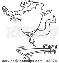 Cartoon Black and White Line Drawing of a Gator Bouncing off a Diving Board by Toonaday