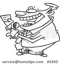 Cartoon Black and White Line Drawing of a Game Show Host Reading a Card by Toonaday