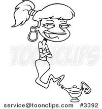 Cartoon Black and White Line Drawing of a Female Genie Emerging from a Lamp by Toonaday