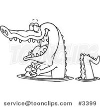 Cartoon Black and White Line Drawing of a Happy Gator Wading in Water by Toonaday