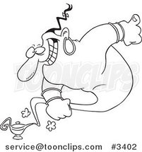 Cartoon Black and White Line Drawing of a Genie Emerging from a Lamp by Toonaday