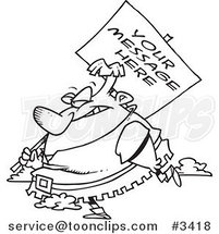 Cartoon Black and White Line Drawing of a Giant Carrying a Sign over His Shoulder by Toonaday