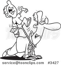 Cartoon Black and White Line Drawing of a Boy Riding on His Dad's Back by Toonaday
