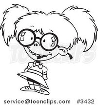 Cartoon Black and White Line Drawing of a Nerdy Girl by Toonaday