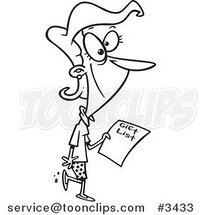 Cartoon Black and White Line Drawing of a Lady Carrying a Gift List by Toonaday