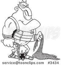 Cartoon Black and White Line Drawing of a Gladiator Holding a Net and Flail by Toonaday