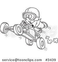 Cartoon Black and White Line Drawing of a Boy Catching Air on a Go Cart by Toonaday