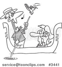 Cartoon Black and White Line Drawing of a Shoe Flying at a Gondolier Singing to a Couple by Toonaday