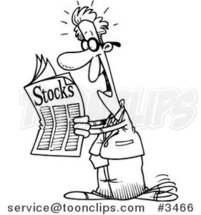 Cartoon Black and White Line Drawing of a Happy Guy Reading the Stocks Pages by Toonaday