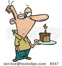Grumpy Birthday Cartoon Guy Holding a Slice of Cake by Toonaday