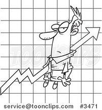 Cartoon Black and White Line Drawing of a Business Man Stuck on an Upwards Graph by Toonaday
