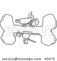 Cartoon Black and White Line Drawing of a Dog Climbing a Giant Bone by Toonaday