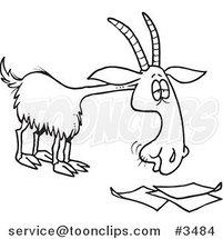 Cartoon Black and White Line Drawing of a Goat Eating Paperwork by Toonaday