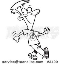 Cartoon Black and White Line Drawing of a Boy Walking with a Good Attitude by Toonaday