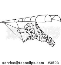 Cartoon Black and White Line Drawing of a Guy Hang Gliding by Toonaday