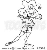 Cartoon Black and White Line Drawing of a Lady Resting a Golf Club on Her Shoulder by Toonaday