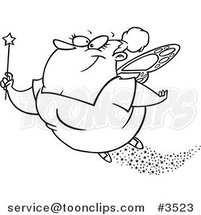 Cartoon Black and White Line Drawing of a Fairy Godmother Flying by Toonaday