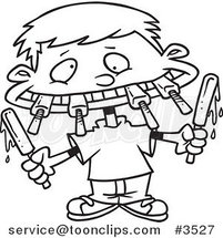 Cartoon Black and White Line Drawing of a Boy Eating a Variety of Popsicles by Toonaday