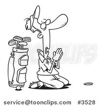 Cartoon Black and White Line Drawing of a Golfer Praying by Toonaday