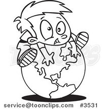 Cartoon Black and White Line Drawing of a Boy on Top of a Globe by Toonaday