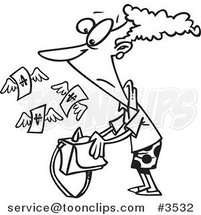Cartoon Black and White Line Drawing of a Money Flying out of a Lady's Purse by Toonaday