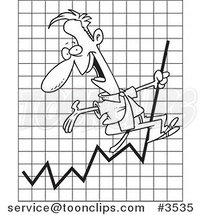 Cartoon Black and White Line Drawing of a Successful Business Man Riding on a Graph by Toonaday